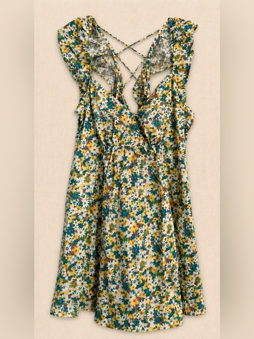 Retro Summer Daisy Print Green Sundress-Ruffle Straps Babydoll Dress NWT L #2341